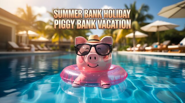 A cute piggy bank wearing sunglasses relaxing in a swimming pool during a sunny summer bank holiday vacation