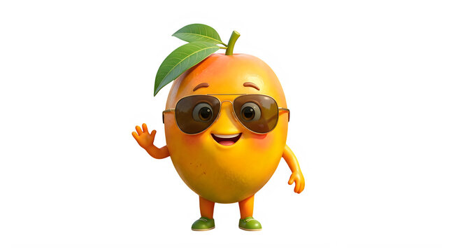 Cute mango fruit character wearing cool sunglasses waving hello