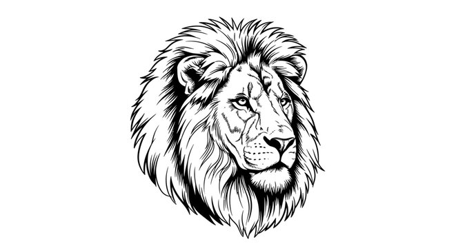 Black and White Line Art Sketch of a Majestic Lion Head with a Bold Clean Outline