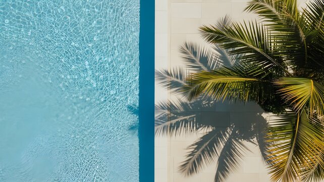 Refreshing swimming pool water surface and tropical palm tree shadows for a relaxing summer bank holiday vacation