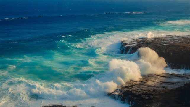 Scenic ocean waves crashing against rocky coastline perfect for a relaxing summer bank holiday coastal getaway trip