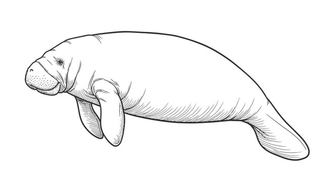 Black and White Line Art Sketch of a Manatee Swimming in a White Background