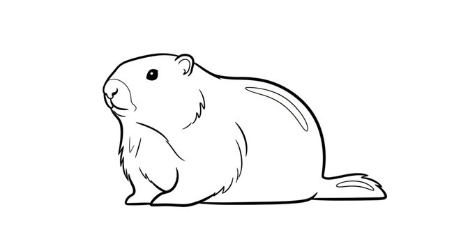Side profile black and white line art sketch of a cute marmot on white background