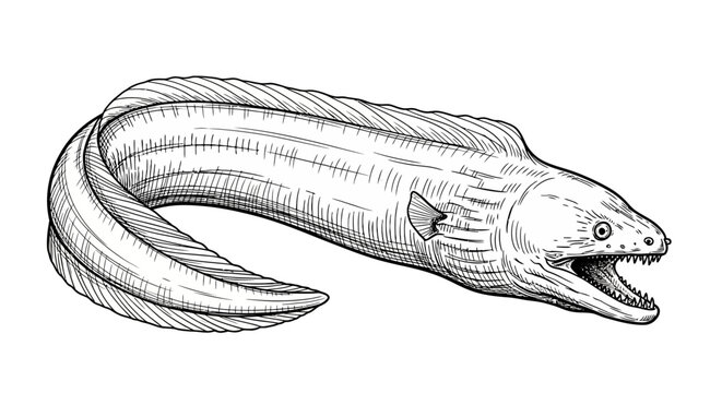 Hand drawn illustration of a predatory moray eel in black and white line art style