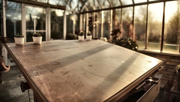 Empty wooden workbench and drafting table inside a sunlit greenhouse surrounded by potted plants