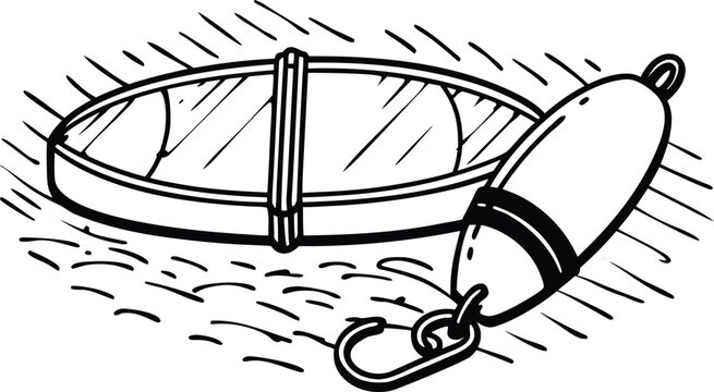 Fishing float and a hook in a black and white line isolated on a white background, for outdoor sports, and recreation