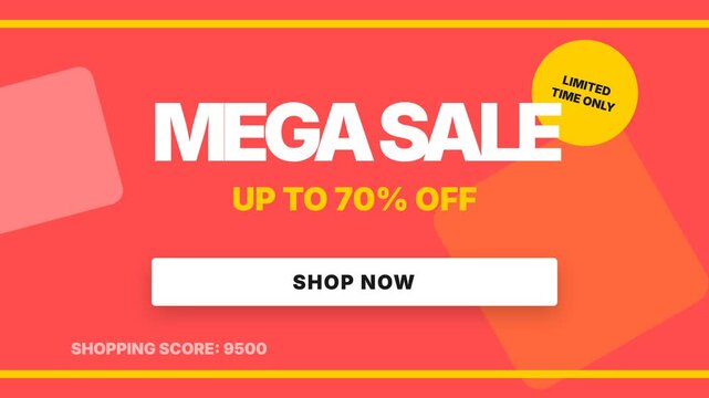 MEGA SALE advertisement with limited time offer of up to 70% off, featuring shopping score and SHOP NOW button, set against vibrant red background with geometric shapes, dynamic text