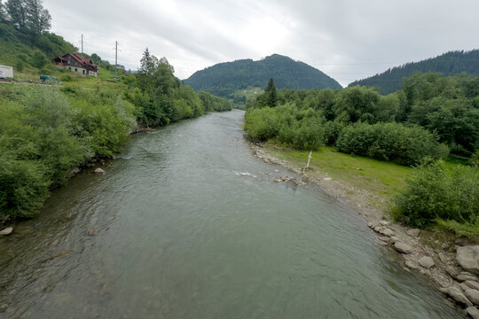 Mountain River Black Cheremosh fast flowing and rocky rapids, Carpathian region.