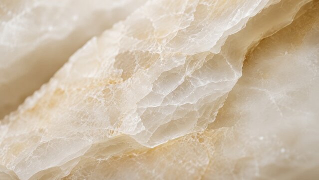 Macro close-up of translucent cream marble or onyx stone with layered crystalline texture and soft beige veins