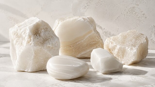 Natural white onyx and alabaster stones displayed on a light textured surface