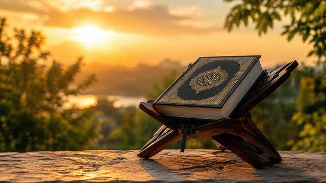 Holy Quran on a wooden rehal stand outdoors at golden sunset, evoking serenity, faith, and devotion
