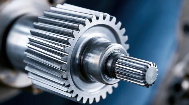 Close-up of a Precision Machined Metal Gear and Shaft Assembly on a Blue Background