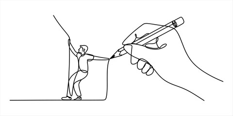 Continuous one line drawing of a giant hand holding a pencil and drawing a small man climbing a rope representing creativity and success in business © Pabon Art Gallery