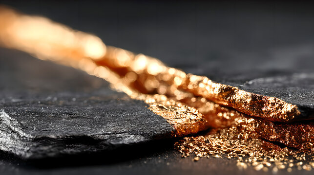 Close up of natural copper veins embedded in bedrock, rich copper metallic luster, realistic geological rock texture, emphasizing advanced energy storage materials and strategic mineral significance