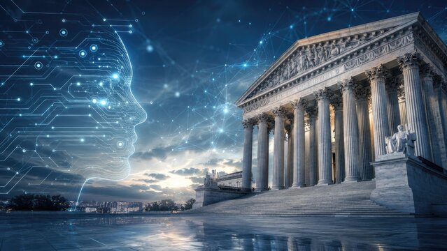 Futuristic artificial intelligence face overlays a classical courthouse at dusk, blending technology and justice in a dramatic legal concept scene