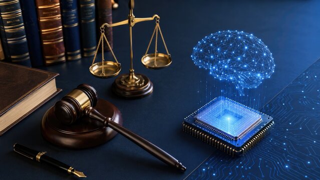 Judge gavel, scales of justice and law books beside a microchip projecting a glowing digital brain, symbolizing artificial intelligence, legal technology and cyber law
