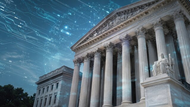 Neoclassical courthouse facade with tall marble columns, a seated justice statue and a glowing digital network overlay in a night sky