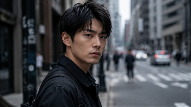 A young man faces the camera while standing on a bustling street. People walk by in the background. Tall buildings surround the area on a cloudy day. Vehicles are seen moving along the road.