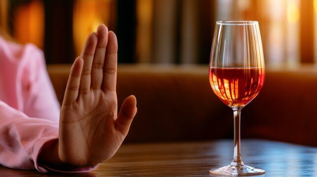 Person Refusing Drink in Modern Wellness Setting with Glass and Scenic Background