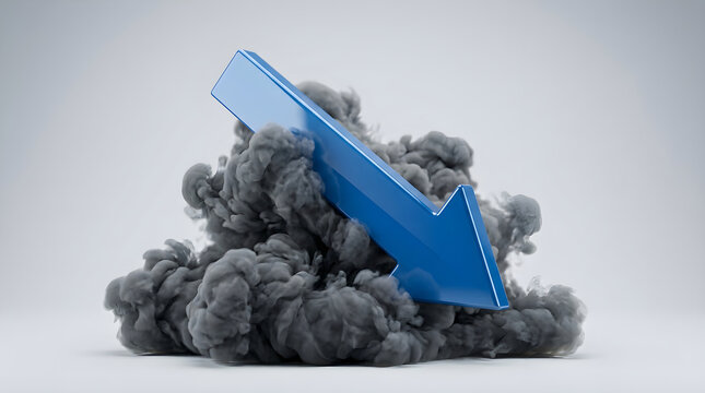 Blue arrow pointing down emerging from a cloud of dark smoke