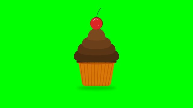 Animated chocolate cupcake with falling cherry on top vector motion graphic on green screen chroma key background