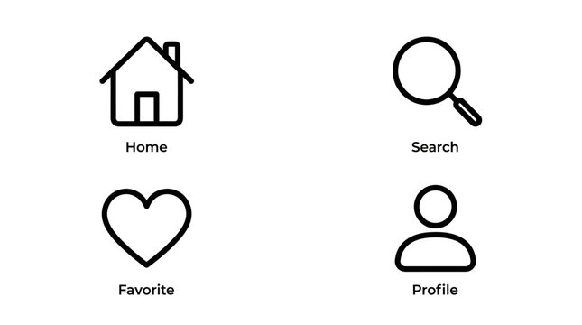 Universal ui navigation icons set featuring home search heart and profile in minimalist line art vector style for mobile application design