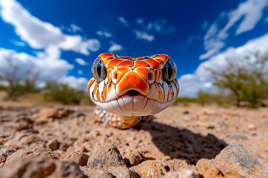 A close up of a snake on the ground with a blue sky in the background