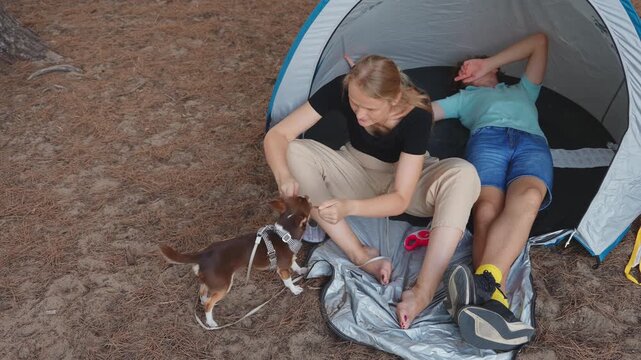 A mother sits outside a blue camping tent playing with a small chihuahua dog, while her teenage son lies down and relaxes inside the tent during a summer forest camp