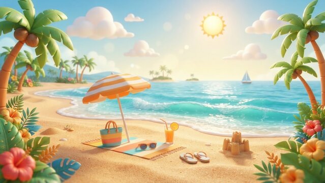 3D Summer Beach Vacation Landscape with Palm Trees, Umbrella, and Ocean View