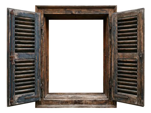 Rustic wooden window frame with open shutters. Vintage timber casement isolated on white.