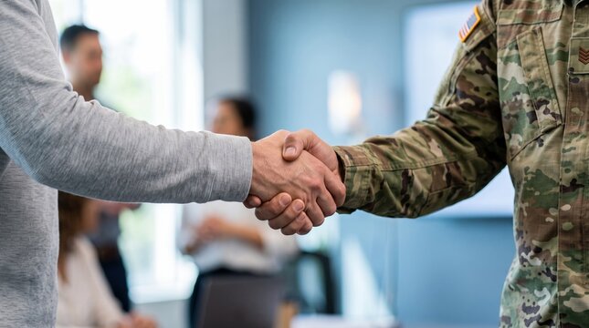 Firm handshake between soldier in camouflage uniform and civilian man in professional office with handshake, camouflage