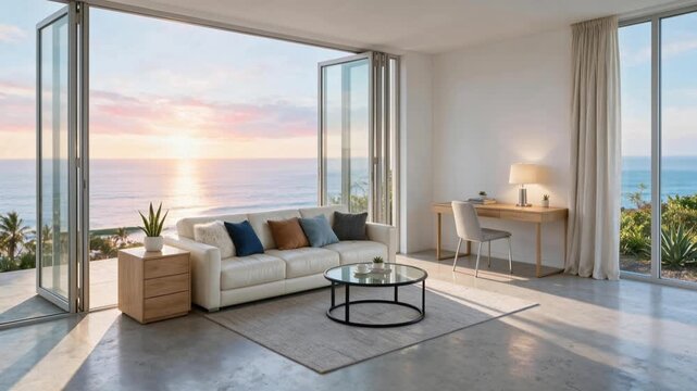 Spacious modern living room with large panoramic windows overlooking ocean sunrise and wooden ceiling