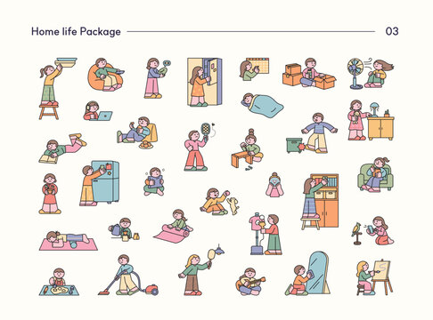 Cute home life character set featuring daily routines, healthy habits, housework, self care, reading, cleaning and home activities in outline vector style.