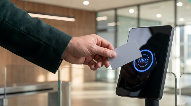 A person's hand holding an access card near an NFC reader for entry into a building.