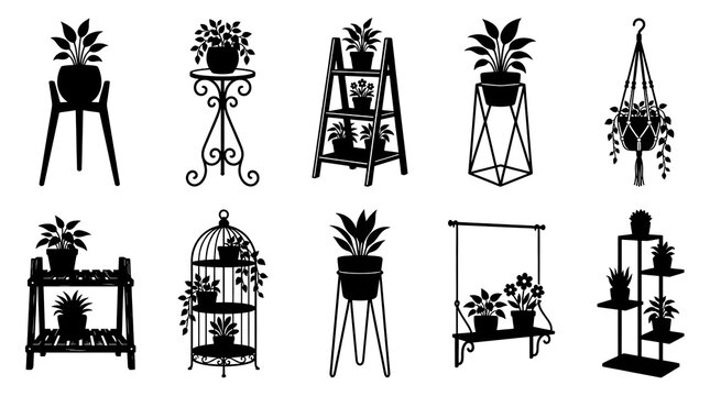 Unique plant stands and potted plant holders vector silhouette set featuring mid century tripod, macrame hanger, ladder shelf, birdcage planter, geometric frame, and tiered stands on white background