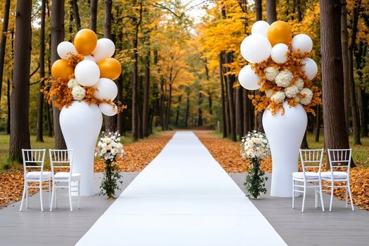 A white and orange wedding ceremony aisle decorated with white and yellow balloons