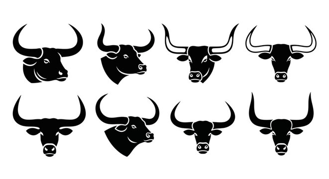 Set of stylized black bull and buffalo heads, vector illustration in minimalist design
