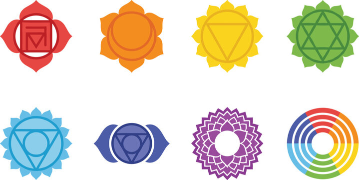 Colorful set of chakra symbols and icons for yoga, meditation, and spiritual energy healing concepts