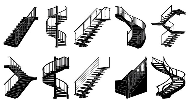 Staircase vector silhouette set featuring straight, spiral, floating, curved, glass railing, L-shaped, wooden, cable railing, and helical architectural stairs on white background