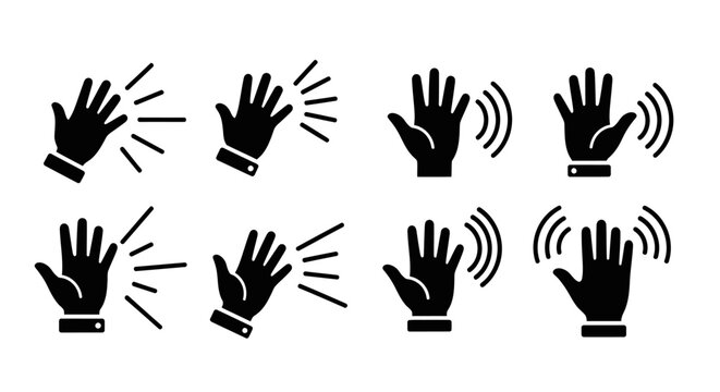 Set of Four Black Hands Waving Hello or Goodbye Icons on White Background