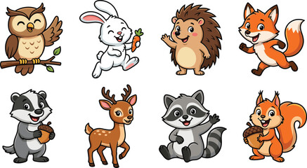 Fototapeta premium Cute cartoon vector set of forest animals including owl, rabbit, fox, and squirrel for kids design.