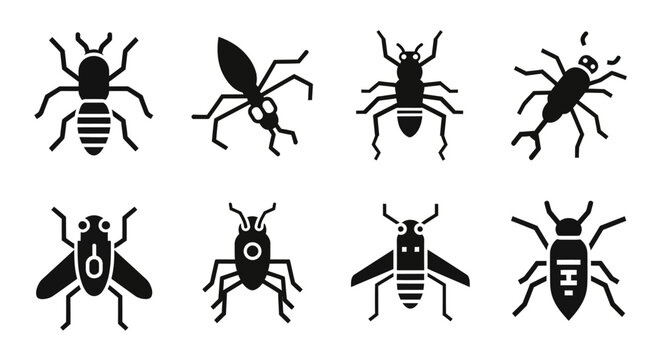 Set of four insect icons: ant, termite, fly, and beetle in a simple, clean silhouette style.