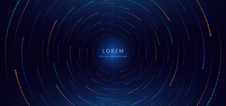 Abstract Futuristic Circular Digital Technology Background with Glowing Neon Dots and Blue HUD Interface.
