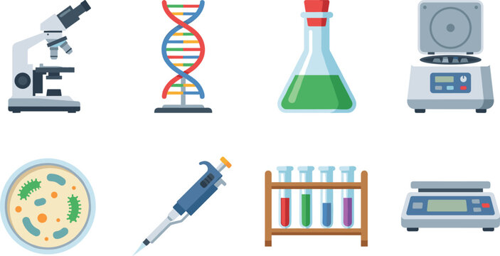 Flat vector illustration set of science laboratory equipment featuring microscope DNA flask and centrifuge