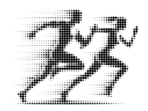 dotted silhouettes of a running man and woman. Vector abstract illustration of a couple of sprinters in halftone pattern style
