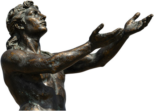 Dark bronze statue of a figure looking up with outstretched hands