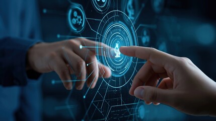 Fototapeta premium Two hands interacting with a futuristic glowing digital interface showcasing science and technology icons