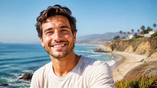 A man stands close to the ocean and smiles at the camera. The beach is visible with waves and palm trees in the distance. It is a bright day with clear skies.