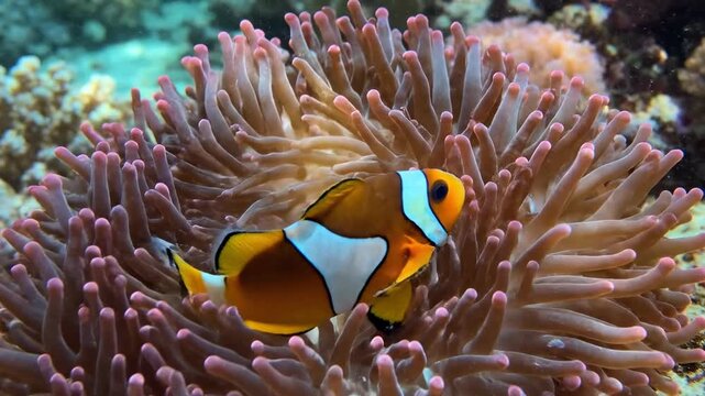 A vibrant orange clownfish swims gracefully within the protective tentacles of a soft coral reef environment while exploring its natural underwater habitat during a sunny day in the deep