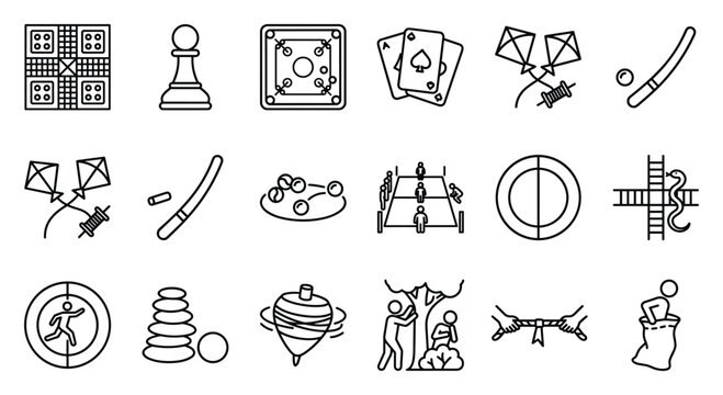 15 august india independence day traditional games vector set, indian ludo chess carrom cards kite gulli danda spinning top marbles kabaddi line art icons for patriotic cultural heritage design